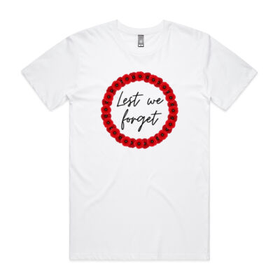 Anzac Day men's white t-shirt with poppies Lest We Forget Thumbnail
