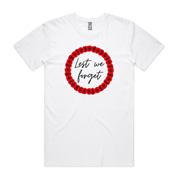 Anzac Day men's white t-shirt with poppies Lest We Forget Thumbnail