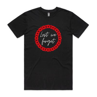 Anzac Day men's black t-shirt with poppies Lest We Forget Thumbnail