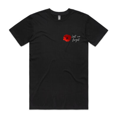 Anzac Day men's black t-shirt with poppy Lest We Forget Thumbnail