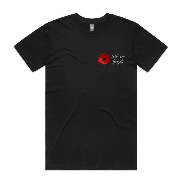 Anzac Day men's black t-shirt with poppy Lest We Forget Thumbnail