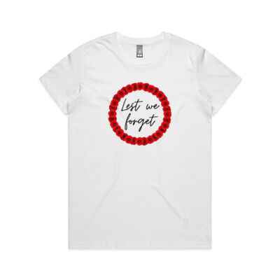 Anzac Day women's white t-shirt with poppies Lest We Forget Thumbnail