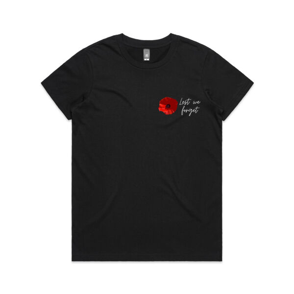 Anzac Day women's black t-shirt with poppy Lest We Forget Thumbnail
