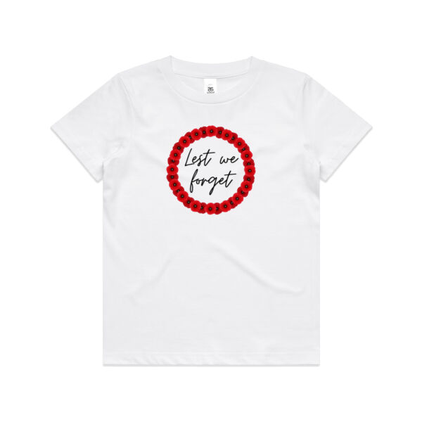 Anzac Day kid's white t-shirt with poppies Lest We Forget Thumbnail