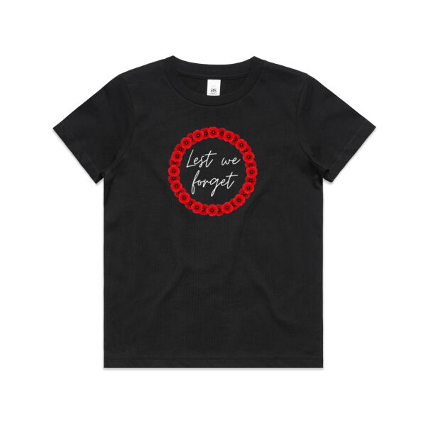 Anzac Day kid's black t-shirt with poppies Lest We Forget Thumbnail