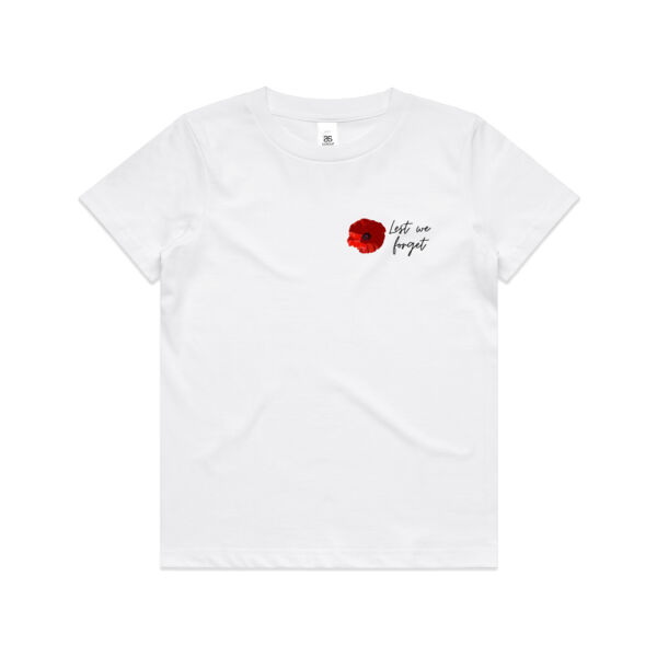 Anzac Day kid's white t-shirt with poppy Lest We Forget Thumbnail