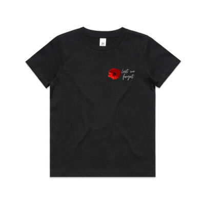 Anzac Day kid's black t-shirt with poppy Lest We Forget Thumbnail